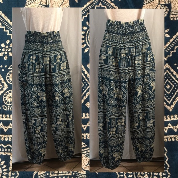 Boho/Gypsy/Harem cotton pants in aqua and cream - Picture 5 of 5